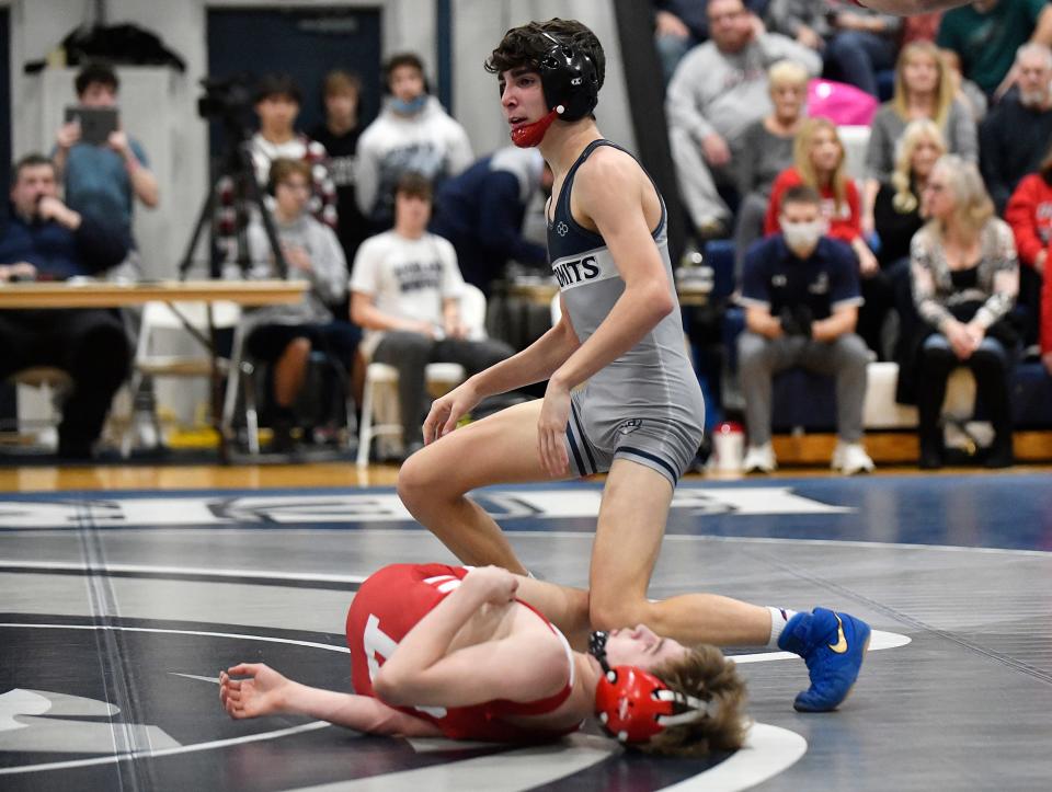 St. Augustine's Jackson Slotnick defeated Delsea's Gage Summers, 9-1 following Thursday's 106 lb. wrestling bout in Richland, N.J. The Hermits defeated Delsea, 31-28 on Thursday, Feb. 3, 2022.