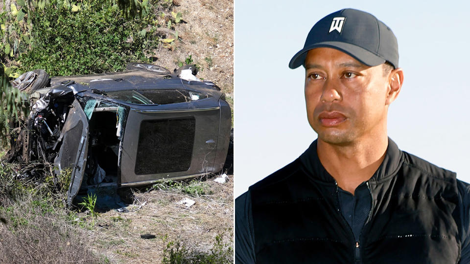 Tiger Woods is pictured here alongside his totalled car.