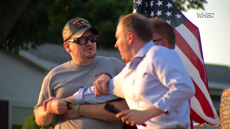 The attack ended after the suspect was restrained by people in the audience and members of Lee Zeldin's campaign, video recorded by NBC affiliate WHEC of Rochester shows.