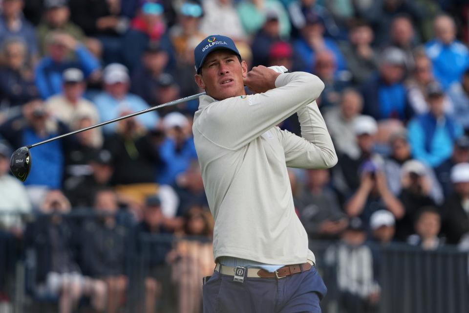 Christo Lamprecht plays his shot from the fourth tee during the first round of the British Open at Royal Liverpool in Hoylake, England on July 20, 2023.