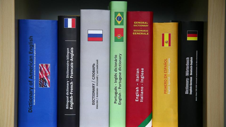 Bookcase with numerous foreign languages dictionaries.