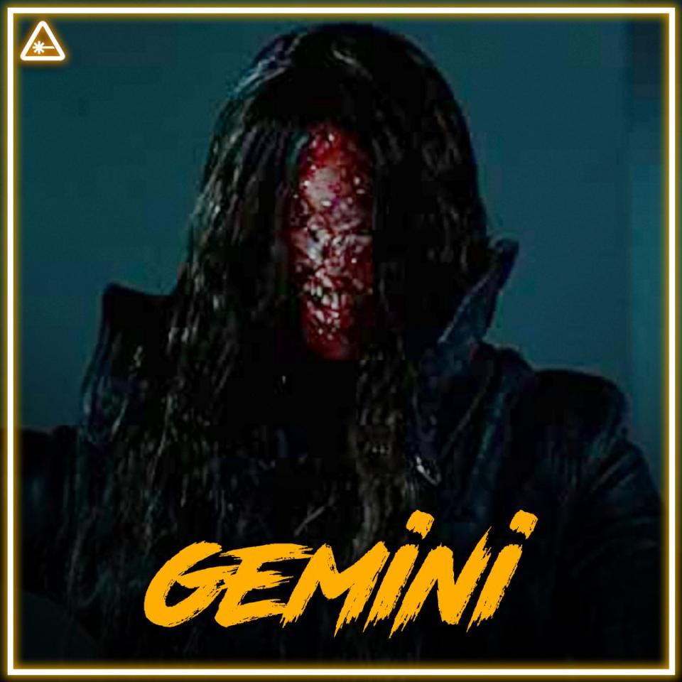 image of gabriel may horror villain with gemini in scrawling orange letters at the bottom for his zodiac sign