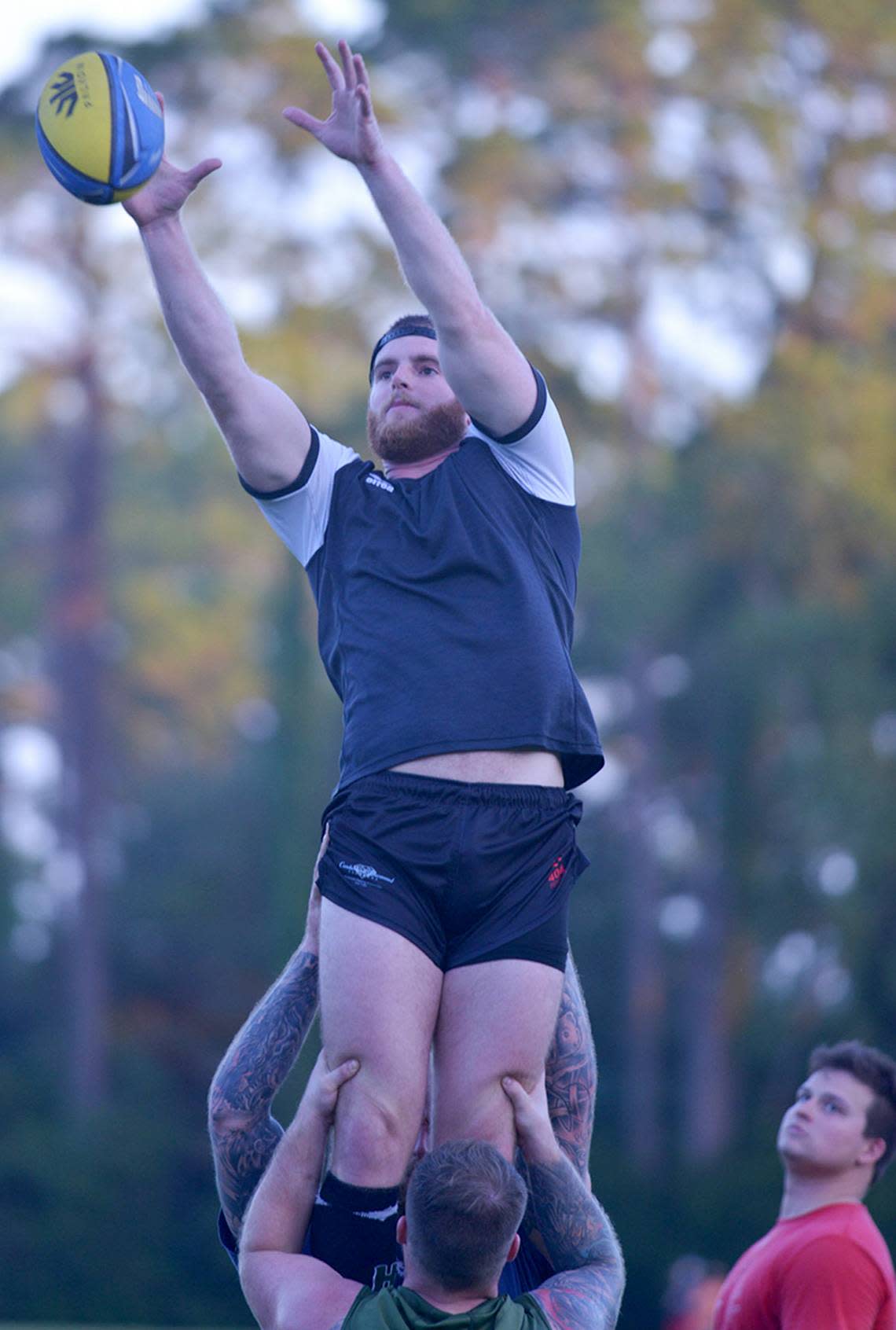 Alex MacDonald puts the work in during the practicing of line-out drill at Hilton Head’s Chaplain Community Park. This was during one of the squads first practices since the team disbanded after the 2017 season. Robert York