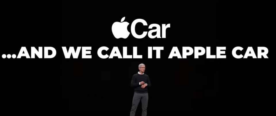 蘋果CEO庫克曾宣布Apple Car計劃，2月底傳出終止後，蘋果3月底再傳裁員逾600人。   圖：翻攝自蘋果發表會(資料畫面)