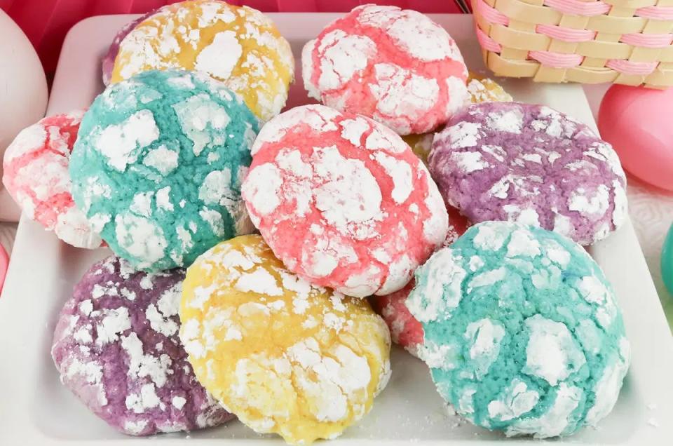 <p>Two Sisters</p><p>These crinkle cookies are truly the life of the Easter party. They're light and fluffy on the inside, sweet and crunchy on the outside, bursting with lemon flavor and all dressed up in pretty pastel colors. </p><p><strong>Get the recipe: <a href="https://www.twosisterscrafting.com/springtime-crinkle-cookies/" rel="nofollow noopener" target="_blank" data-ylk="slk:Lemon Crinkle Cookies;elm:context_link;itc:0;sec:content-canvas" class="link ">Lemon Crinkle Cookies</a></strong></p>