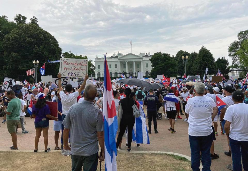 A group of Cubans from Miami who took an overnight bus trip to Washington DC to call attention to the unprecedented protest that took place in Cuba this week, protest in front of the White House on Saturday, July 17, 2021.