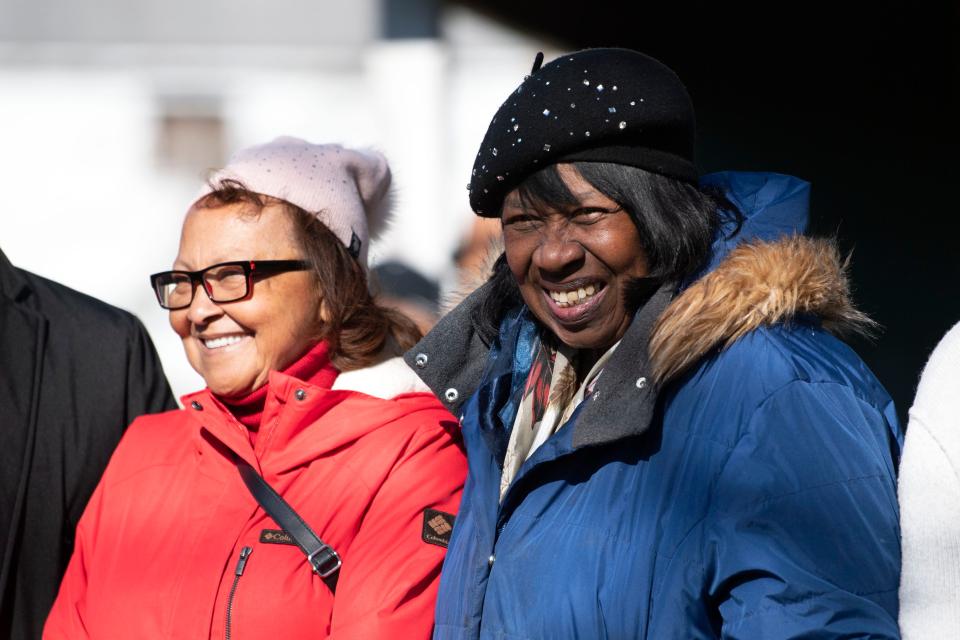 Bensalem AME Church pastor Lugenure Jones, right, poses for photos at the groundbreaking ceremony of African American Museum of Bucks County's new permanent home in Middletown Township on Wednesday, Nov. 23, 2022.