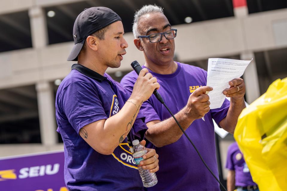 Jose Terán speaks during a rally at American Dream Mall on Saturday August 12, 2023. Workers for HSA Cleaning Inc., a contractor responsible for cleaning American Dream Mall, and SEIU Local 32BJ hold a rally to strike. A federal judge ordered HSA to reinstate Terán after illegally firing him for organizing with SEIU Local 32BJ.