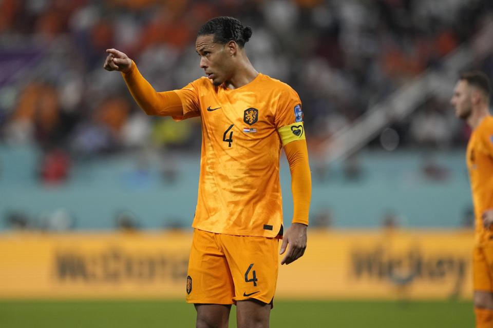 Virgil van Dijk of the Netherlands during the World Cup round of 16 soccer match between the Netherlands and the United States, at the Khalifa International Stadium in Doha, Qatar, Saturday, Dec. 3, 2022. (AP Photo/Martin Meissner)