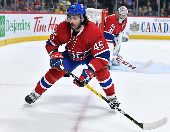 Mark Barberio of the Montreal Canadiens looks to make a pass play