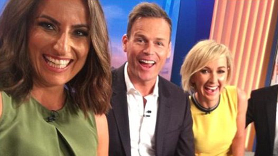 Weekend Today presenter Jayne Azzopardi is expecting her first baby - pictured here with co-stars Tom Steinfort and Deborah Knight. Photo: Instagram/thetodayshow