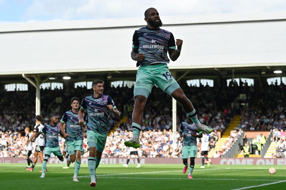 Brentford’s Bryan Mbeumo celebrates after scoring a late third (AFP via Getty Images)