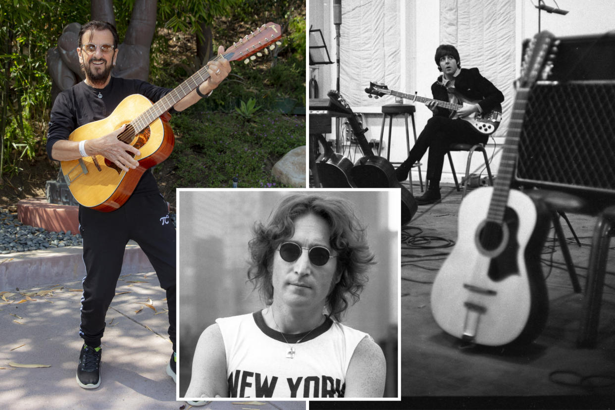 A composite photo of Ringo Starr reunited with John Lennon's lost 12-string; A photo of Lennon playing the guitar back in the day and a photo of Lennon wearing a New York City T-shirt