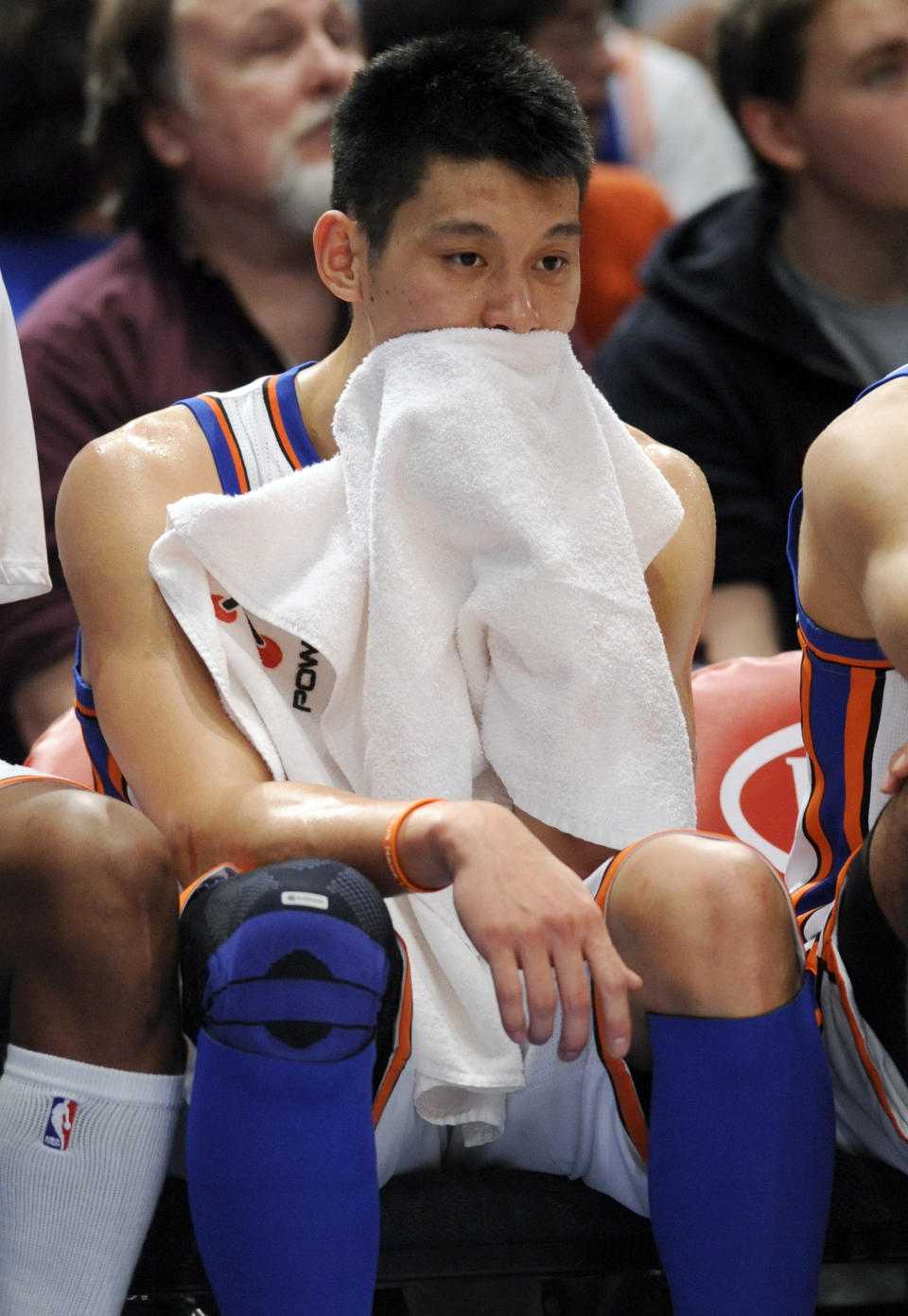 New York Knicks' Jeremy Lin sits on the bench after fouling out during the fourth quarter of an NBA basketball game against the New Jersey Nets, Monday, Feb. 20, 2012, at Madison Square Garden in New York. The Nets defeated the Knicks 100-92. (AP Photo/Bill Kostroun)