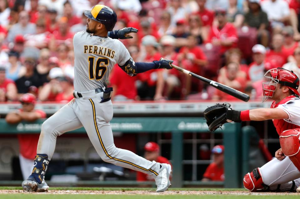 Brewers right fielder Blake Perkins hits a grand slam against the Cincinnati Reds in his return to the Brewers on June 3. The homer was his first in the majors.