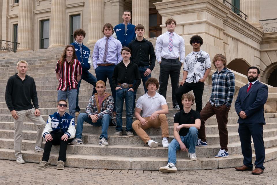 Members of the 2023 All-City Boys Wrestling Team are, front row from left, Tony Pena, Seaman coach; Andrew Bonebrake, Shawnee Heights; Allen Baughman, Shawnee Heights; Allen Baughman, Shawnee Heights; Easton Broxterman, Washburn Rural. Second row from left are Mason Vickers, Topeka West; Landen Kocher-Munoz, Washburn Rural; Henri McGivern, Washburn Rural; and Blaine Baird, Washburn Rural. Third row from left are Brody Byrne, Washburn Rural; Sean Wunder, Shawnee Heights; Nick Freeland, Shawnee Heights; and Jaxson Johnson, Topeka High. Top row are Chase Calhoon, Washburn Rural; and Jaxon Thomas, Seaman.