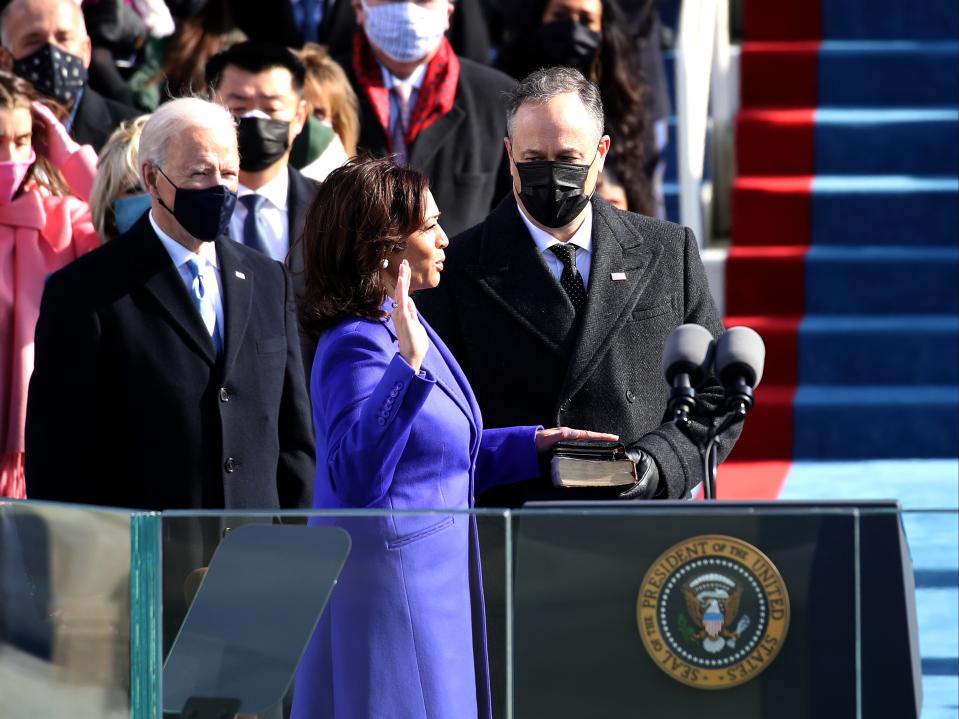 Kamala Harris is sworn in as US Vice President with her husband Doug Emhoff and President Joe Biden looking onGetty Images