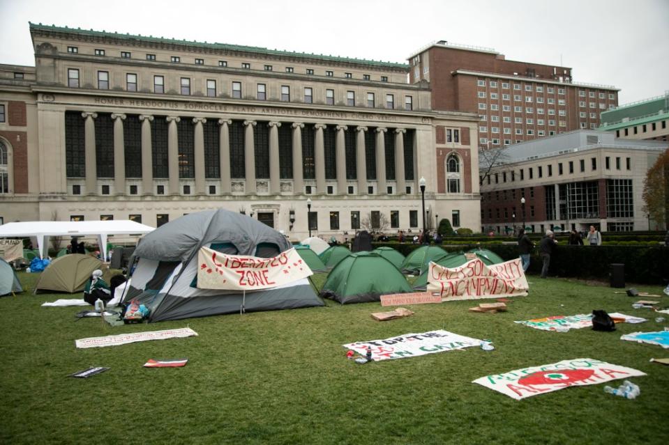 Anti-Israel protestors at Columbia University set up tents to demand a cease fire in Gaza on April 17, 2024. Michael Nagle