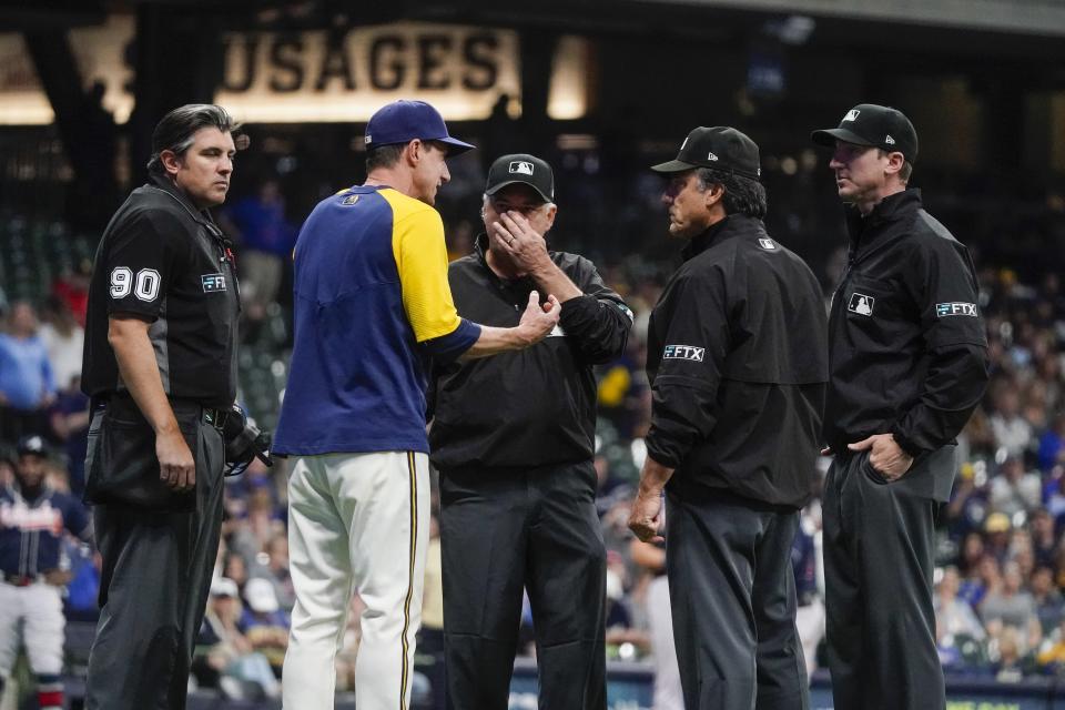 Milwaukee Brewers manager Craig Counsell argues a call during the seventh inning of a baseball game against the Atlanta Braves Monday, May 16, 2022, in Milwaukee. (AP Photo/Morry Gash)