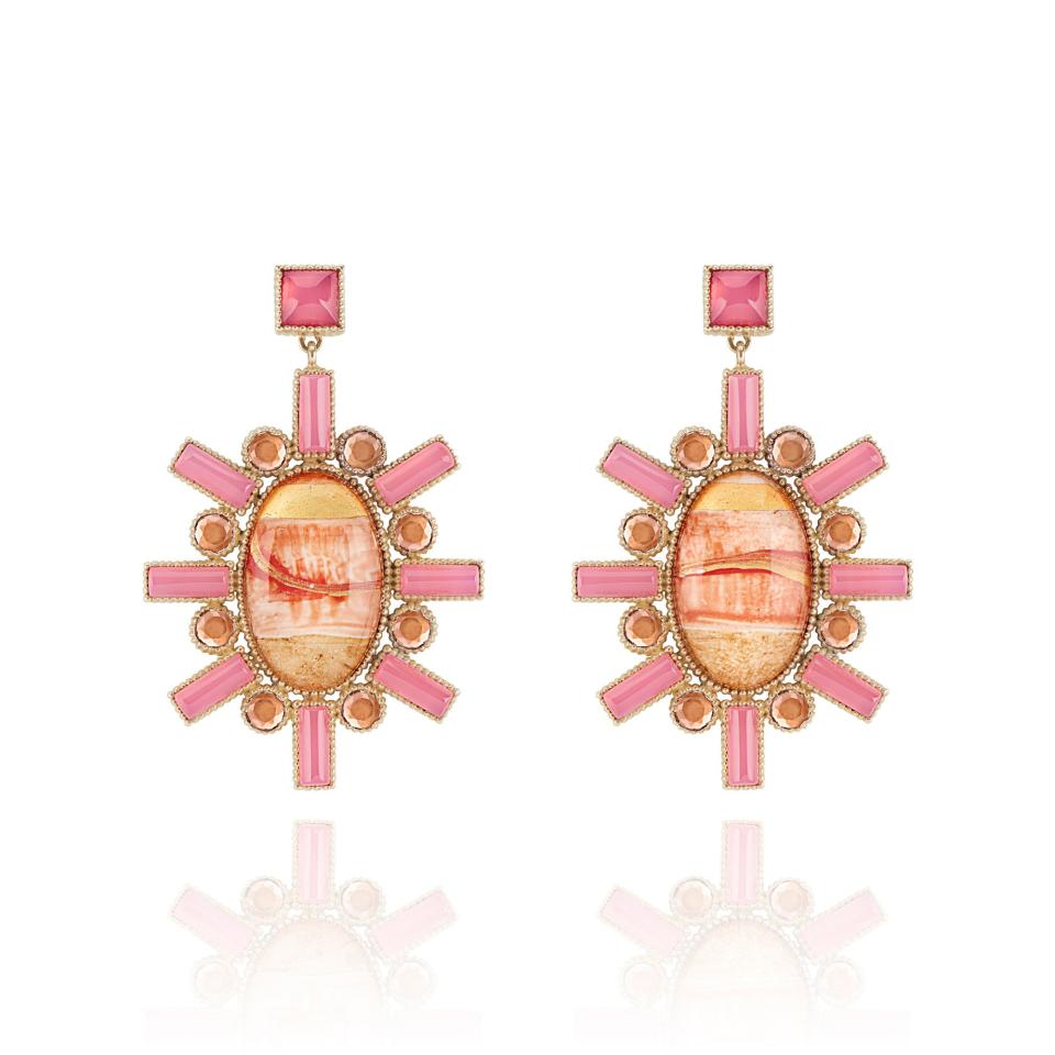 Larkspur & Hawk Cora large chandelier earrings in 14k yellow gold, pink chalcedony, Bellini foiled white quartz, hand painted vellum and gold and silver leaf set beneath a crystal quarts; $6,000. <a rel="nofollow noopener" href="http://larkspurandhawk.com/" target="_blank" data-ylk="slk:Larkspurandhawk.com;elm:context_link;itc:0;sec:content-canvas" class="link ">Larkspurandhawk.com</a>