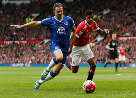 Football Soccer - Manchester United v Everton - Barclays Premier League - Old Trafford - 3/4/16 Manchester United's Marcus Rashford in action with Everton's Phil Jagielka Action Images via Reuters / Jason Cairnduff Livepic EDITORIAL USE ONLY.