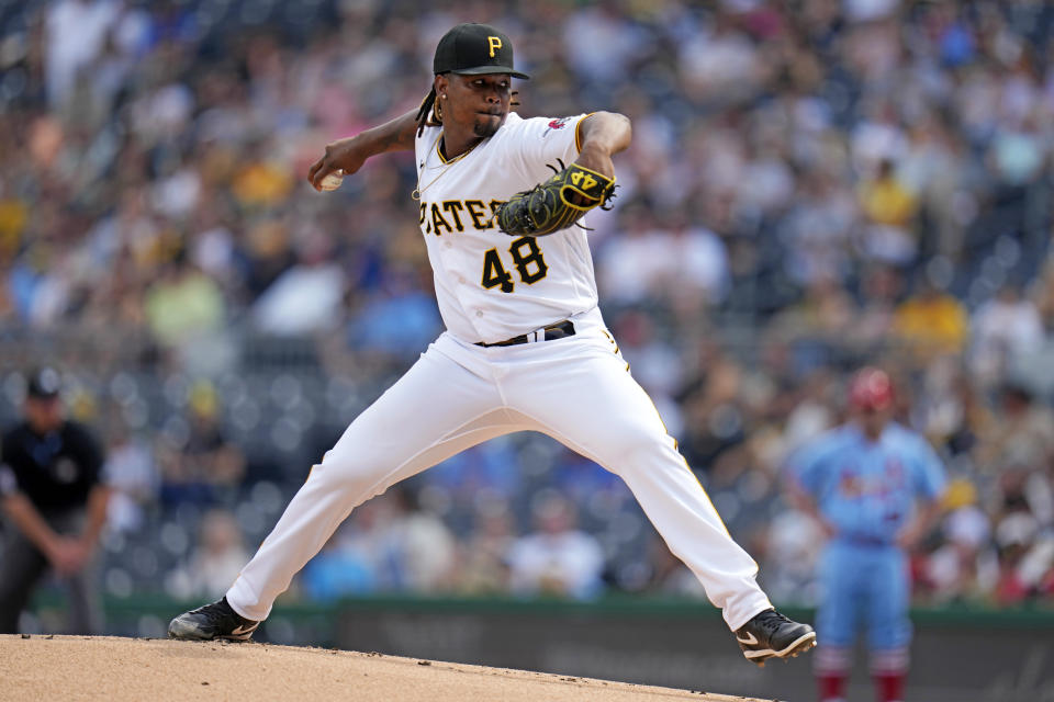 Pittsburgh Pirates starting pitcher Luis Ortiz delivers during the first inning of a baseball game against the St. Louis Cardinals in Pittsburgh, Saturday, June 3, 2023. (AP Photo/Gene J. Puskar)
