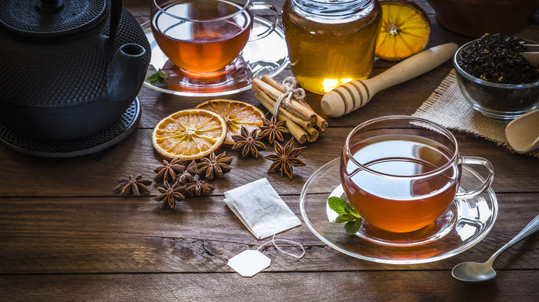 cup of tea and tea ingredients