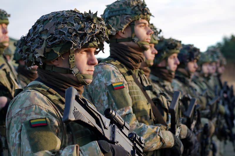 FILE PHOTO: Lithuanian President Nauseda visits troops deployed at the Belarus border as the migrant crisis continues