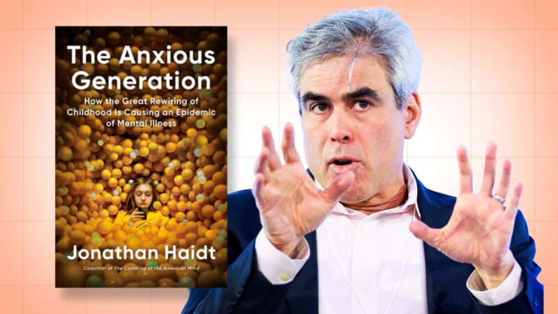 The book cover of The Anxious Generation, next to a photo of its author, Jonathan Haidt, speaking, with his hands up by his face.