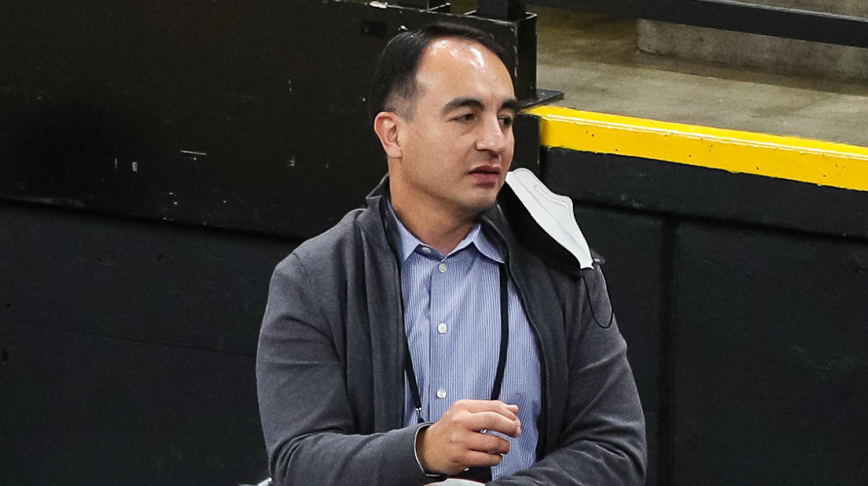 President of Basketball Operations Gersson Rosas of the Minnesota Timberwolves looks on in the second quarter of the game between the Brooklyn Nets and Minnesota Timberwolves at Target Center on April 13, 2021 in Minneapolis, Minnesota. NOTE TO USER: User expressly acknowledges and agrees that, by downloading and or using this Photograph, user is consenting to the terms and conditions of the Getty Images License Agreement. (Photo by David Berding/Getty Images)