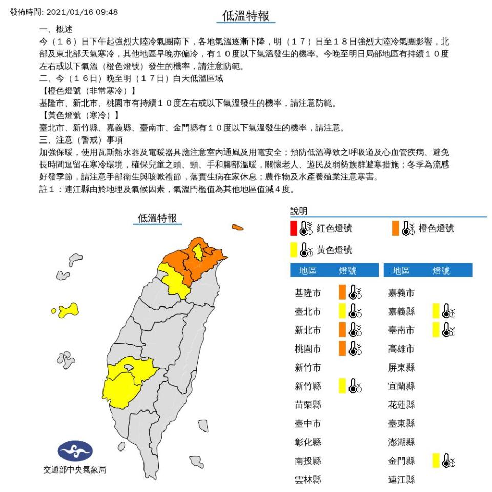 快新聞／午後強烈冷氣團南下！ 氣象局發低溫特報 8縣市低溫下探10°C以下