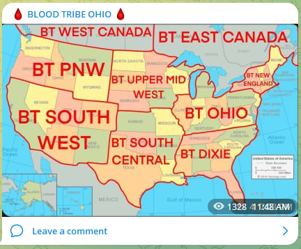 A screenshot of a map shared by the Blood Tribe Ohio channel on Telegram. The group claims to lead not only members of the neo-Nazi organization in Ohio, but also in neighboring states.
