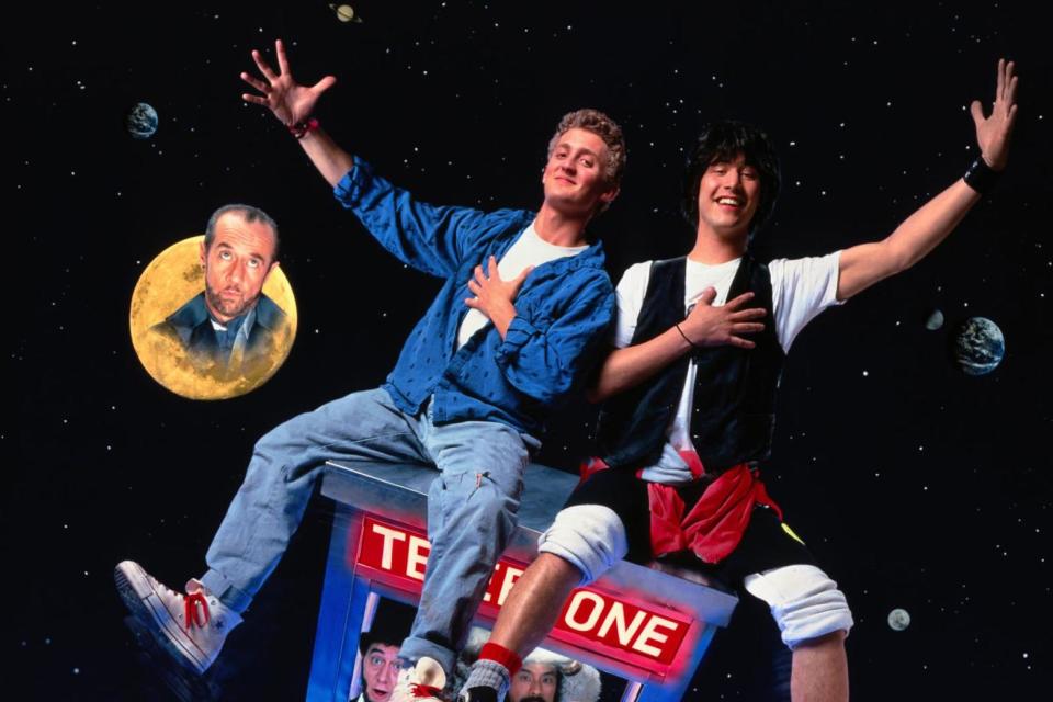 Alex Winter, Keanu Reeves and George Carlin in a poster detail from 1989’s <em>Bill and Ted’s Excellent Adventure. </em>(Orion Pictures/MGM)