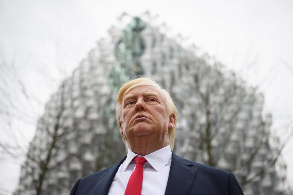 A model of President Donald Trump from Madame Tussauds waxwork attractions stands&nbsp;outside the new U.S. Embassy in London on Jan. 12, 2018.