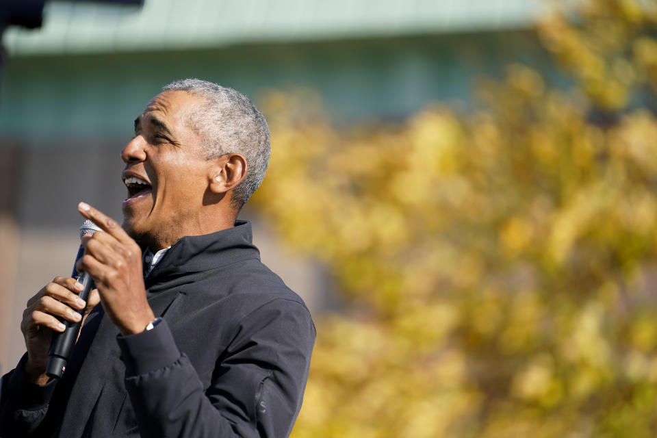 Former President Barack Obama speaks at a rally for Democratic presidential candidate former Vice President Joe Biden, at Northwestern High School in Flint, Mich., Saturday, Oct. 31, 2020. (AP Photo/Andrew Harnik)