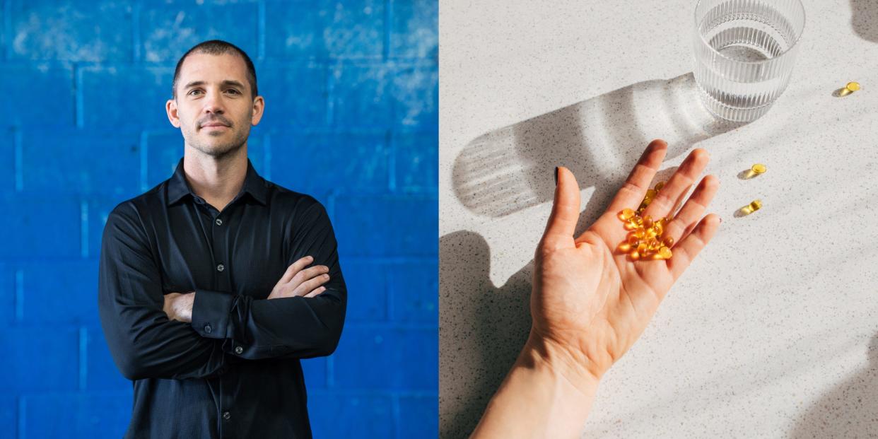 A composite image of Andy Galpin and an open hand with supplements in it.