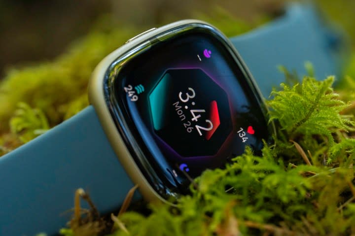 The Fitbit Sense 2 lying sideways in moss.