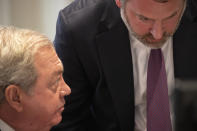 Defense attorney Dick Harpootlian and Phillip Barber talk during the double murder trial of Alex Murdaugh at the Colleton County Courthouse in Walterboro, S.C., Wednesday, Feb. 1, 2023. (Andrew J. Whitaker/The Post And Courier via AP, Pool)