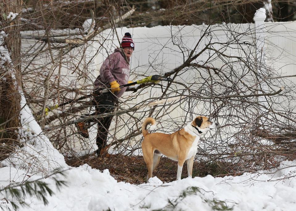 A man cuts up limbs from a yard in Dover Wednesday, Jan. 25, 2023, ahead of the third storm expected in less than a week.