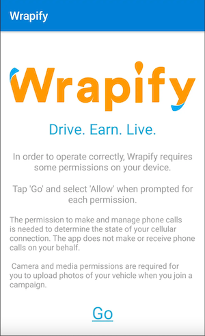 A screenshot of Wrapify's sign-up screen directing users to tap Get to continue. 