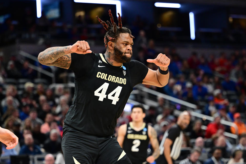 INDIANAPOLIS, INDIANA - MARCH 22: Eddie Lampkin Jr. #44 of the Colorado Buffaloes react to a shot during the first round of the 2024 NCAA Men's Basketball Tournament held at Gainbridge Fieldhouse on March 22, 2024 in Indianapolis, Indiana. (Photo by Ben Solomon/NCAA Photos via Getty Images)