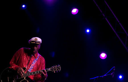 FILE PHOTO - Rock and roll legend Chuck Berry performs during a concert in Santa Cruz de Tenerife, Canary Islands, March 28, 2008. REUTERS/Santiago Ferrero/File Photo