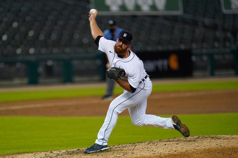 Detroit Tigers pitcher Buck Farmer throws against the Chicago Cubs in the ninth inning of a baseball game in Detroit on Wednesday, Aug. 26, 2020. Detroit won 7-6.