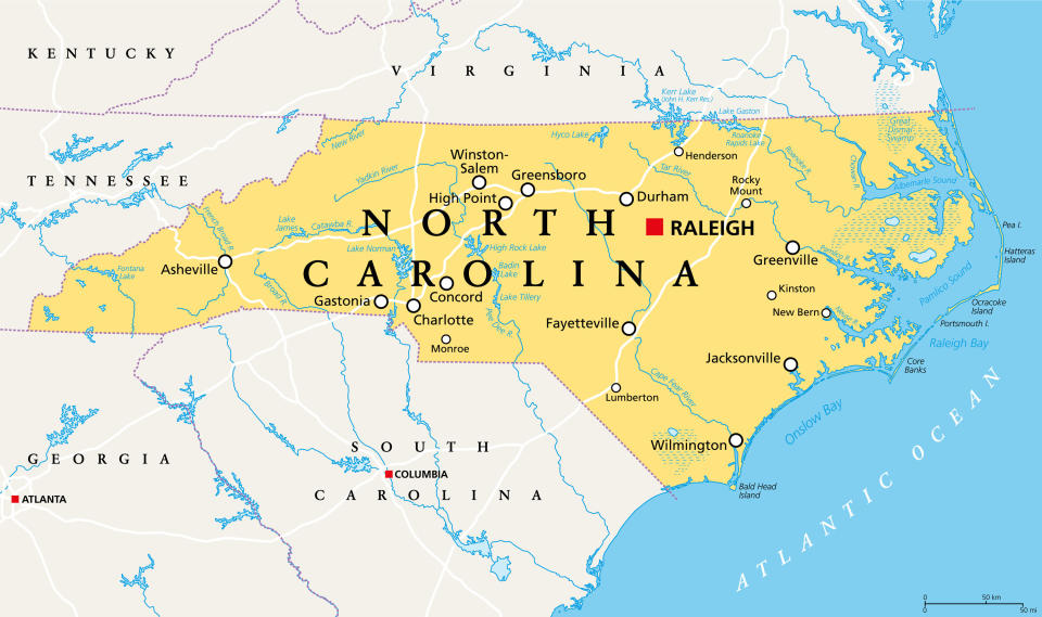 map showing north and south carolina