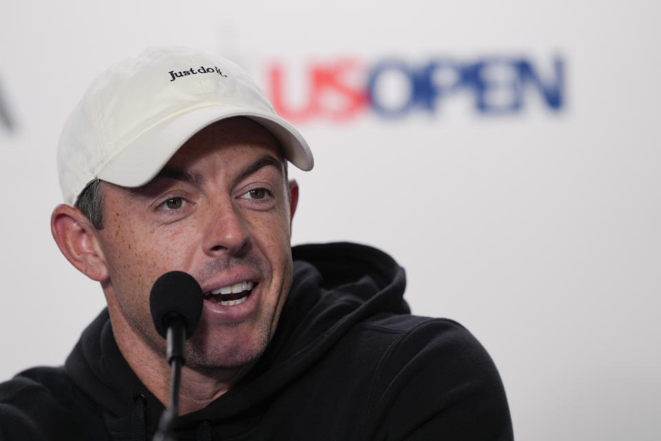 Rory McIlroy, of Northern Ireland, speaks during a news conference at the U.S. Open golf tournament Tuesday, June 11, 2024, in Pinehurst, N.C. (AP Photo/Matt York)