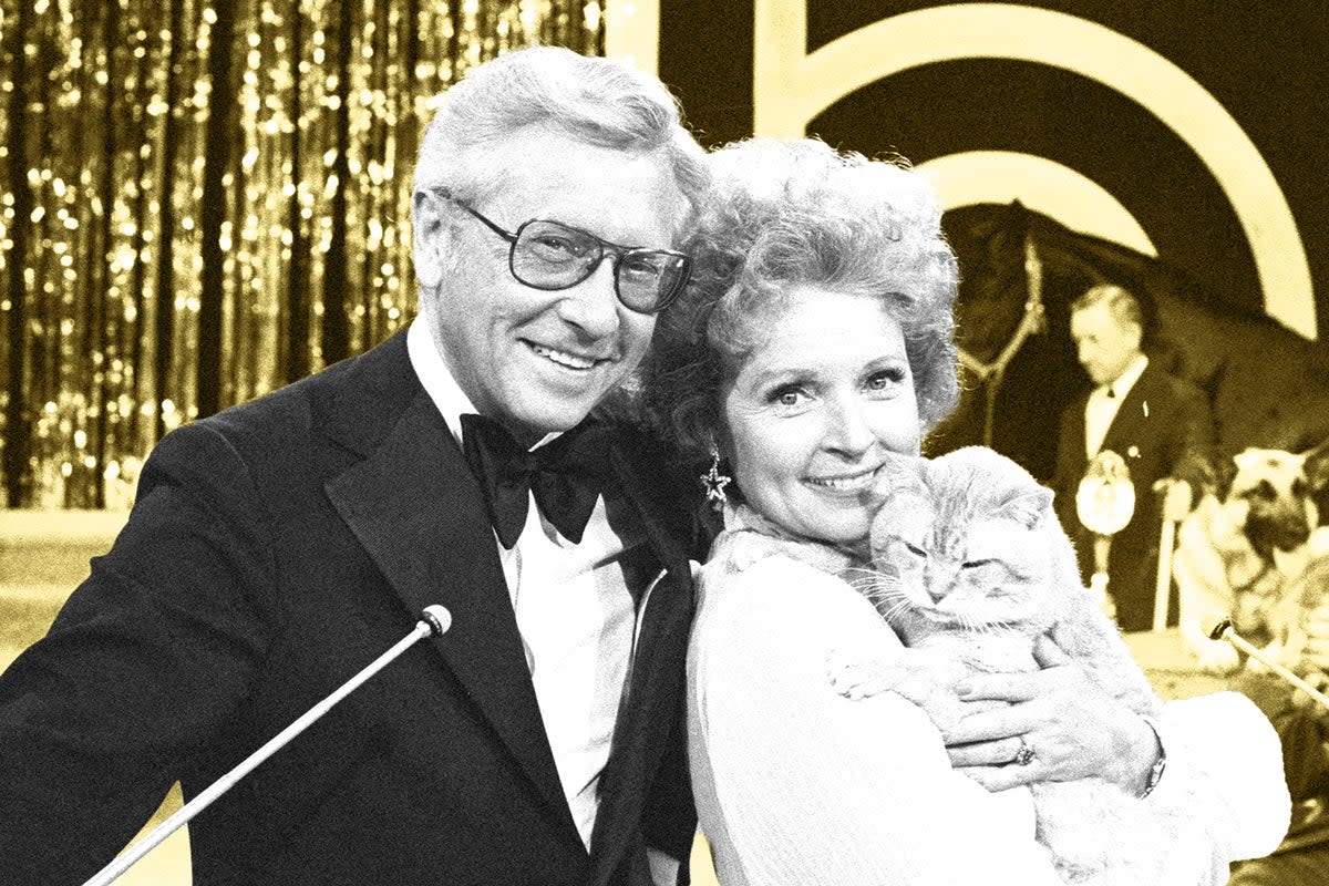 Cool for cats: Allen Ludden, Betty White and Seventies advertising superstar Morris the Cat at the 1973 Patsy Awards (CBS/Getty)