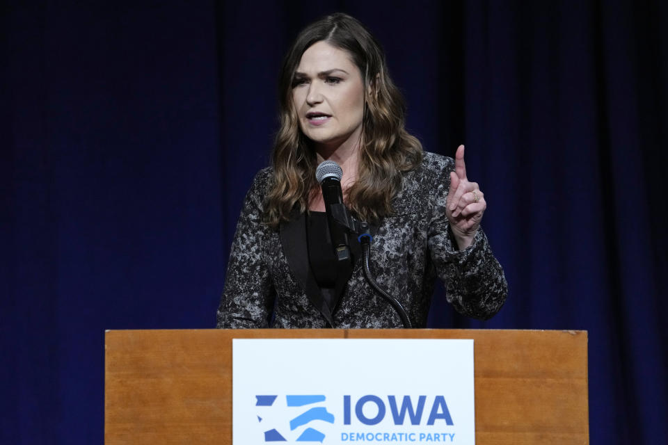 FILE - Former Rep. Abby Finkenauer speaks during the Iowa Democratic Party's Liberty and Justice Celebration, April 30, 2022, in Des Moines, Iowa. (AP Photo/Charlie Neibergall, File)