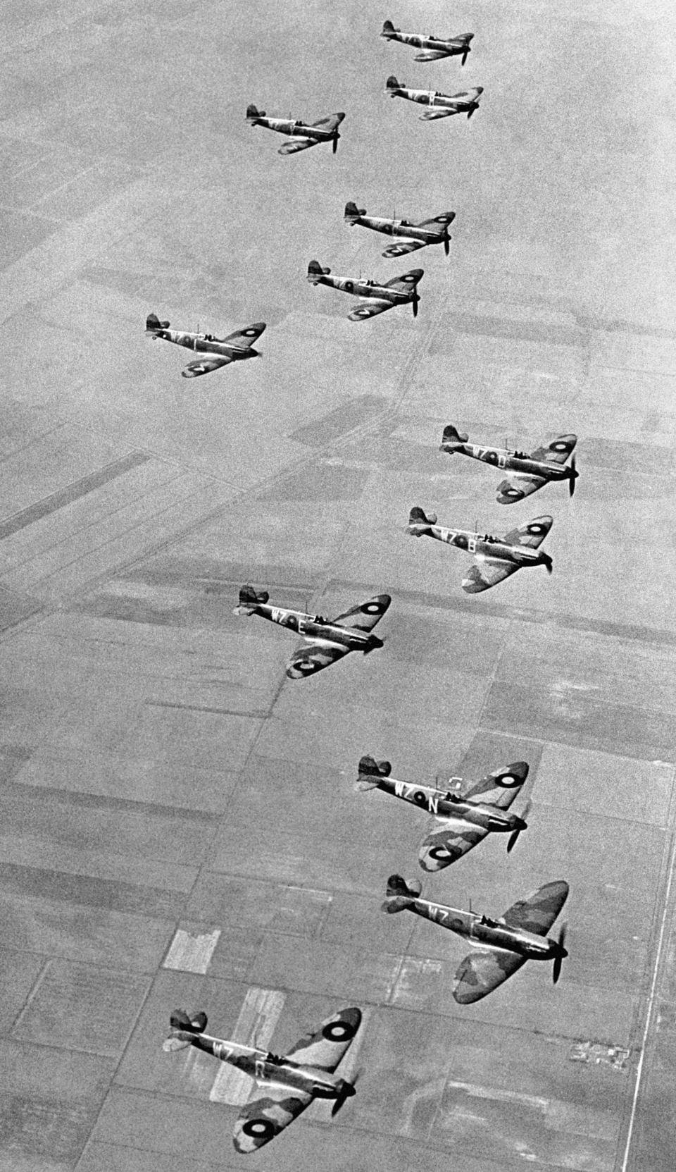 This 1939 image shows No19 Fighter Squadron flying their two blade propeller Supermarine Spitfire aircraft in formation (PA Images)