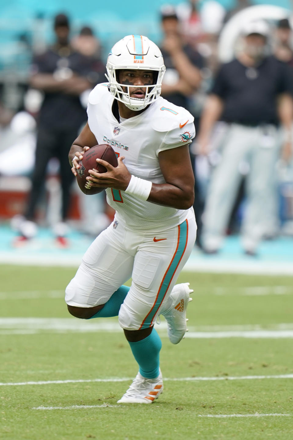 Miami Dolphins quarterback Tua Tagovailoa (1) looks to pass the ball during the first half of an NFL football game against the Atlanta Falcons, Sunday, Oct. 24, 2021, in Miami Gardens, Fla. (AP Photo/Wilfredo Lee)