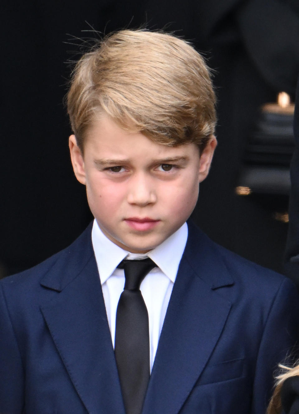 LONDON, ENGLAND - SEPTEMBER 19: Prince George of Wales during the State Funeral of Queen Elizabeth II at Westminster Abbey on September 19, 2022 in London, England. Elizabeth Alexandra Mary Windsor was born in Bruton Street, Mayfair, London on 21 April 1926. She married Prince Philip in 1947 and ascended the throne of the United Kingdom and Commonwealth on 6 February 1952 after the death of her Father, King George VI. Queen Elizabeth II died at Balmoral Castle in Scotland on September 8, 2022, and is succeeded by her eldest son, King Charles III. (Photo by Karwai Tang/WireImage)